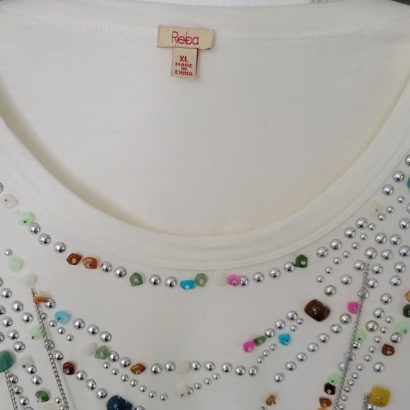 Reba cream‎ tunic top with 3/4 sleeves and beaded strands XL - Picture 3 of 8